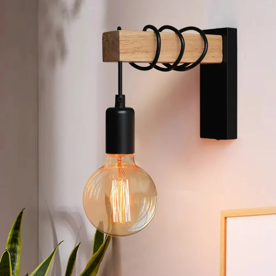RetroLume – Vintage Wall Lamp in Wood & Iron with E27 LED | Industrial & Loft Design