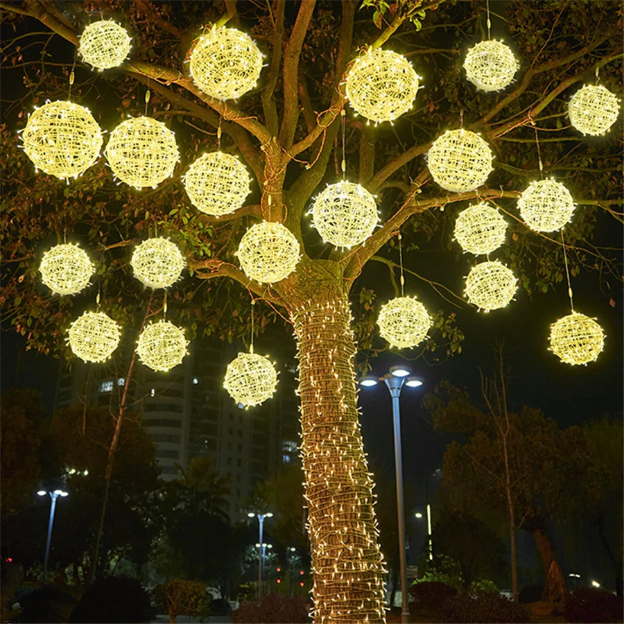 Christmas LED Rattan Ball Garland – Warm Festive Lights & Outdoor Fairy Garden Christmas Lights