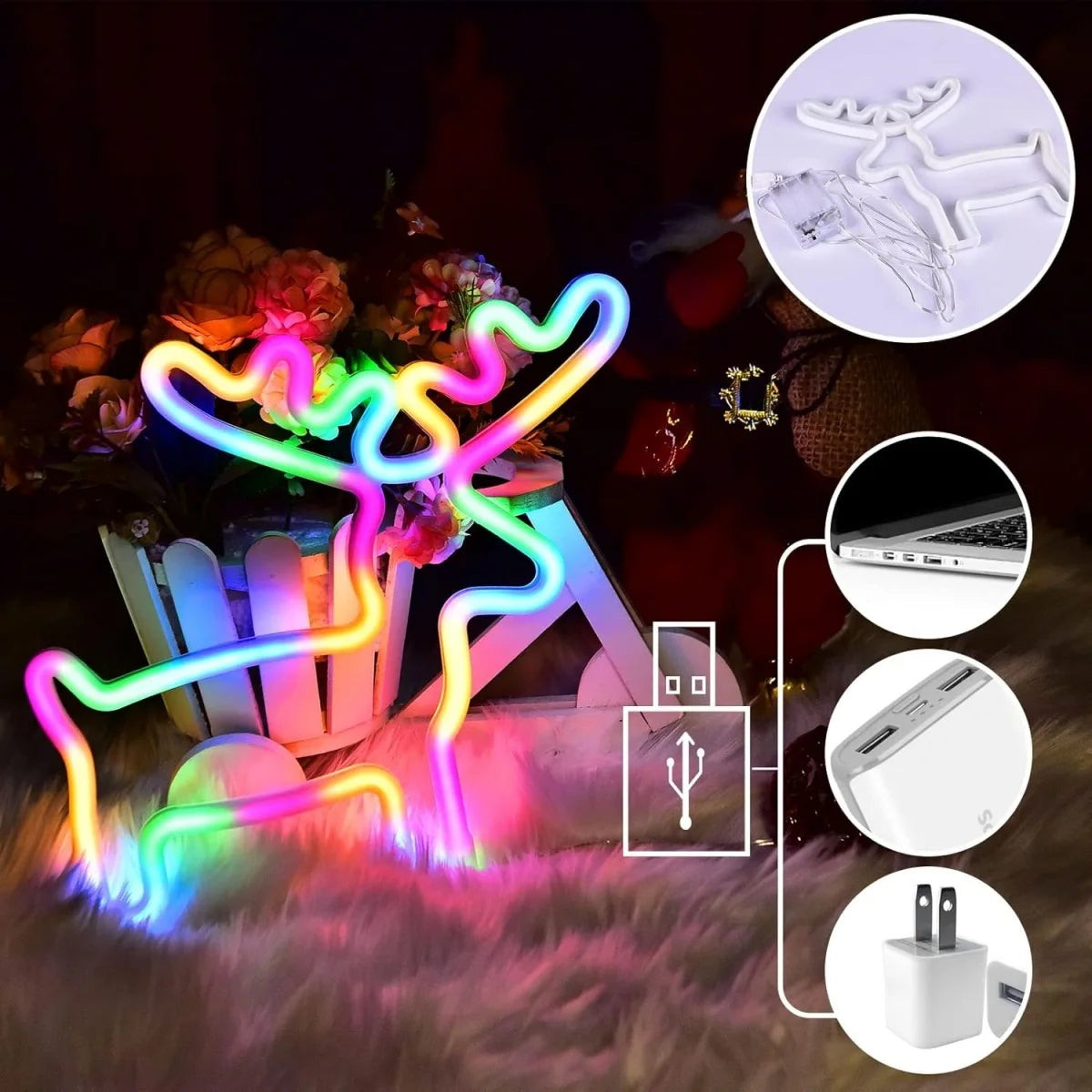 Magische Kerstsfeer Neonlamp ā Rendier, Kerstsok & Boom ā LED - buitenverlichting - in de kamer
