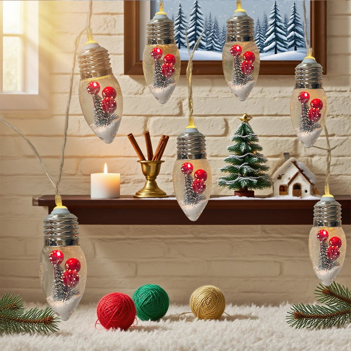 FrostGlobe LED Snow Globe Light String – With Christmas Tree & Red Berries