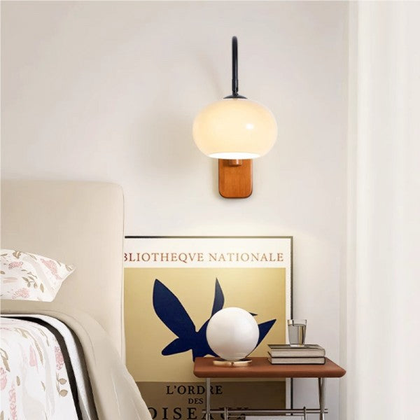 Bauhaus Kaki Draaibare Glazen Wandlamp Met Houten Afwerking - wandlampen - zijaanzicht