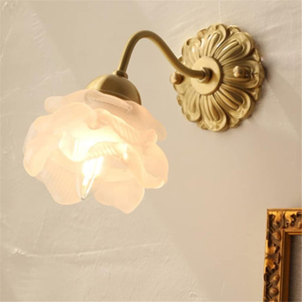 Vintage Koperen Bloemblad Glazen Wandlamp - wandlampen