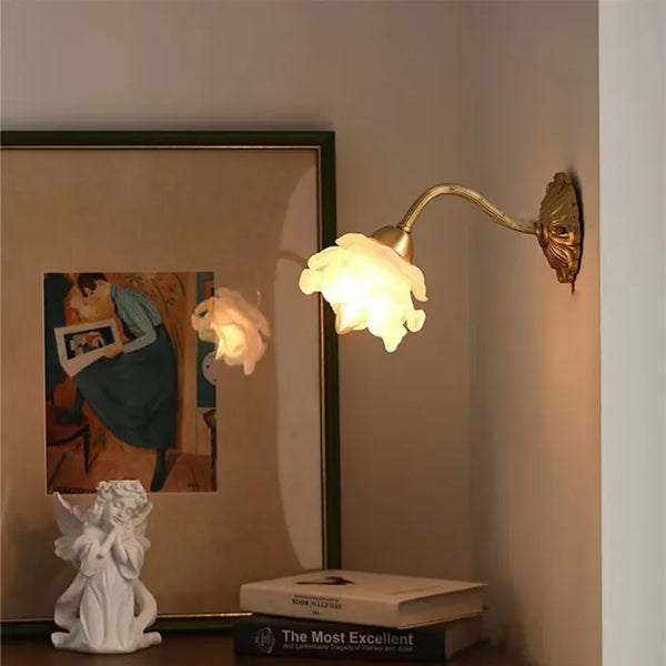 Vintage Koperen Bloemblad Glazen Wandlamp - wandlampen