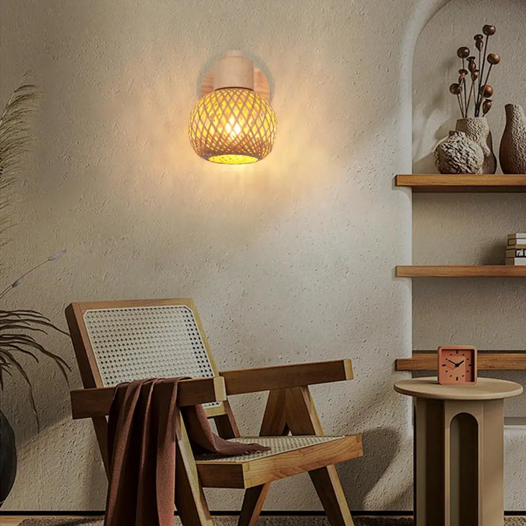 BambuZen Retro Japanse Bamboe Wandlamp – Natuurlijke Rattan Sfeerverlichting - wandlamp - detail