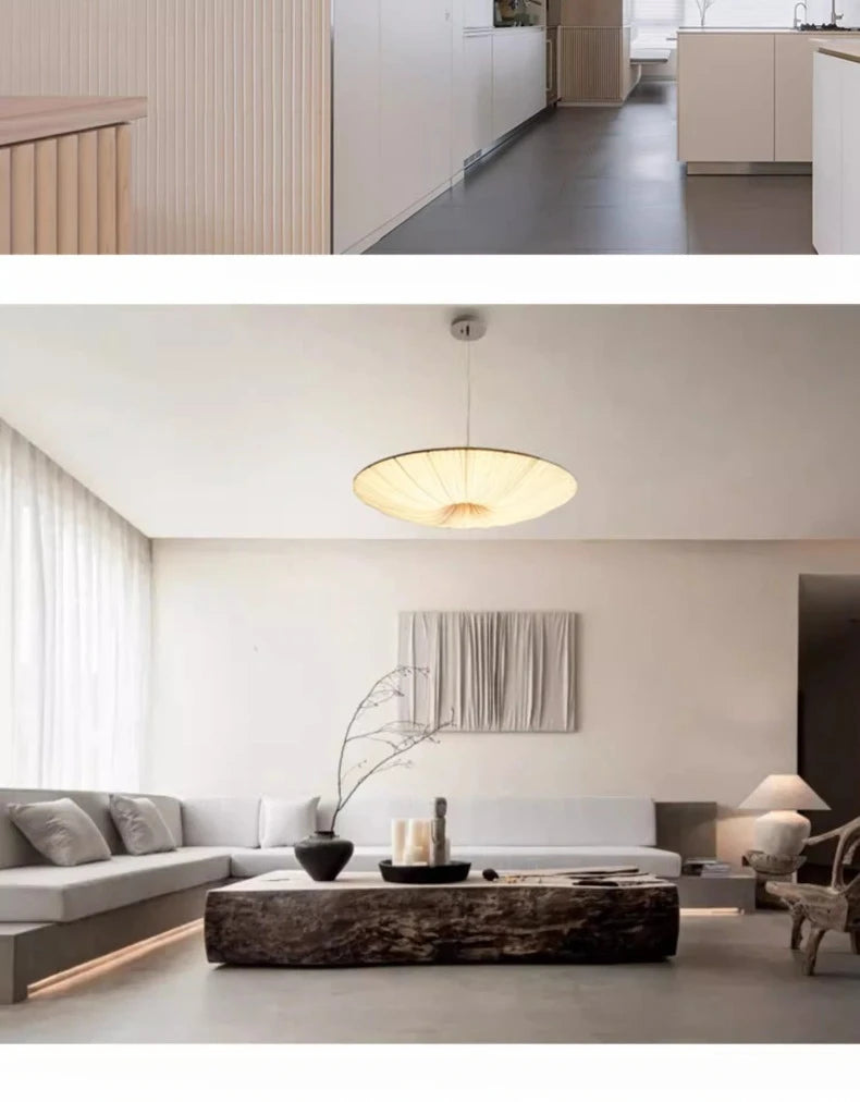 Wabi-Sabi Luxe Stoffen LED Plafondlamp – Minimalistische Rond Vliegende Schotel Hanglamp - hanglampen - detail