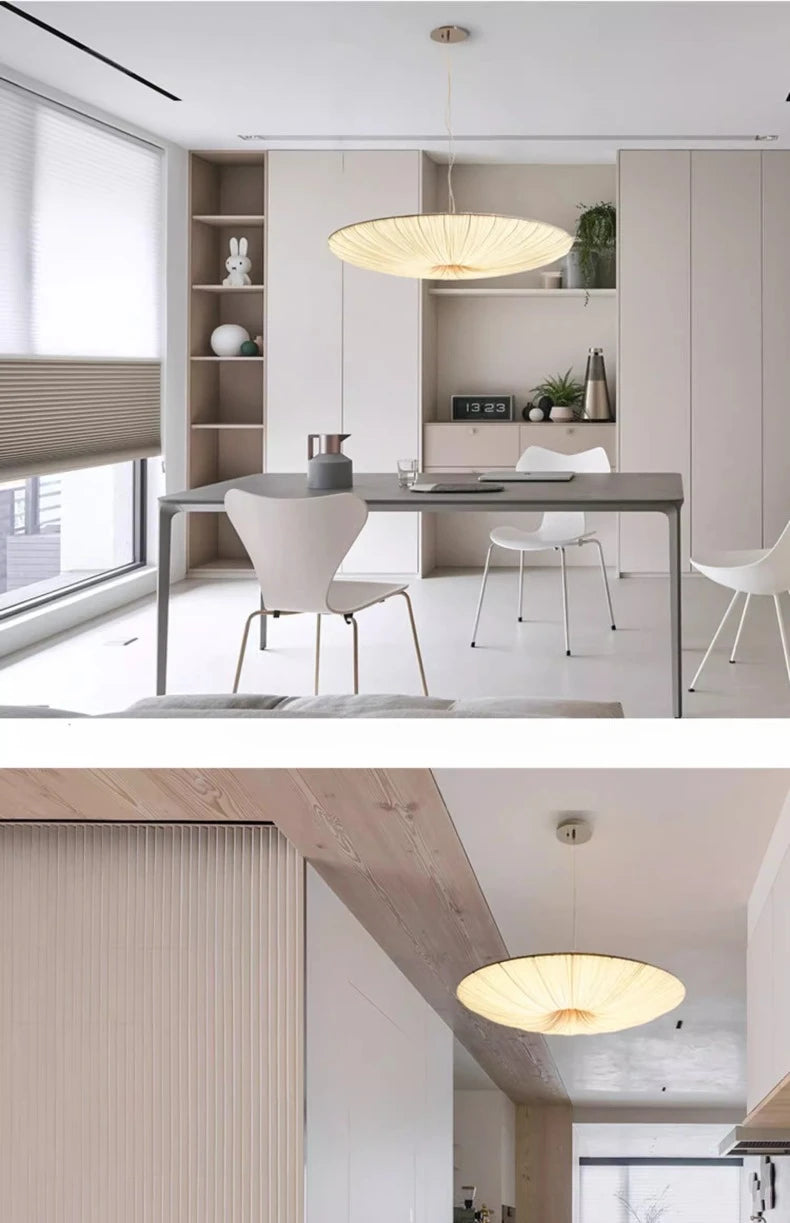Wabi-Sabi Luxe Stoffen LED Plafondlamp – Minimalistische Rond Vliegende Schotel Hanglamp - hanglampen - sfeerbeeld