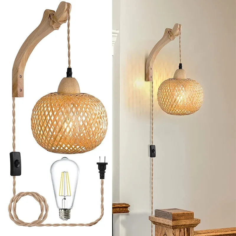 NaturLume Bamboe Wandlantaarn – Handgeweven Rotan Wandlamp met E27 Fitting - wandlamp