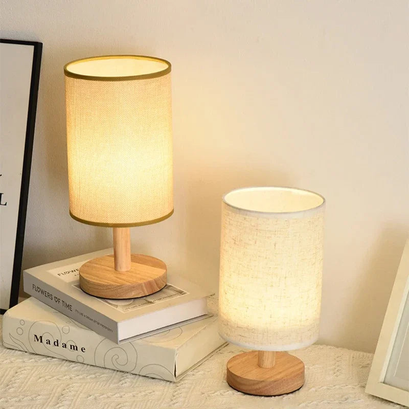 Aurora SilkGlow LED Table Lamp – Dimmable Asian Night Light with Wooden Base & Fabric Shade