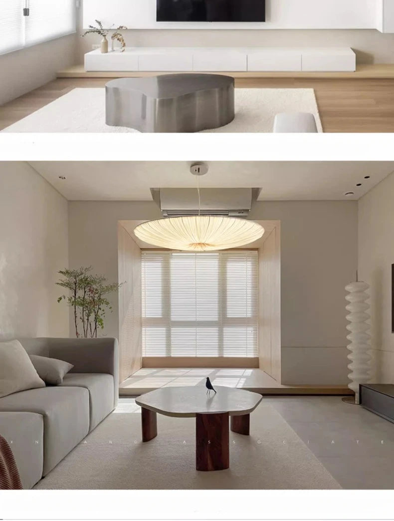 Wabi-Sabi Luxe Stoffen LED Plafondlamp – Minimalistische Rond Vliegende Schotel Hanglamp - hanglampen - close-up