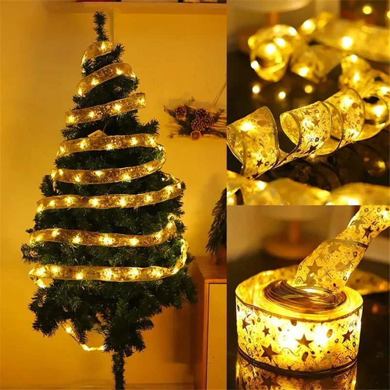 LumiRibbon Gouden Kerstlint Lichtslinger – 2M/5M/10M LED - buitenverlichting - close-up