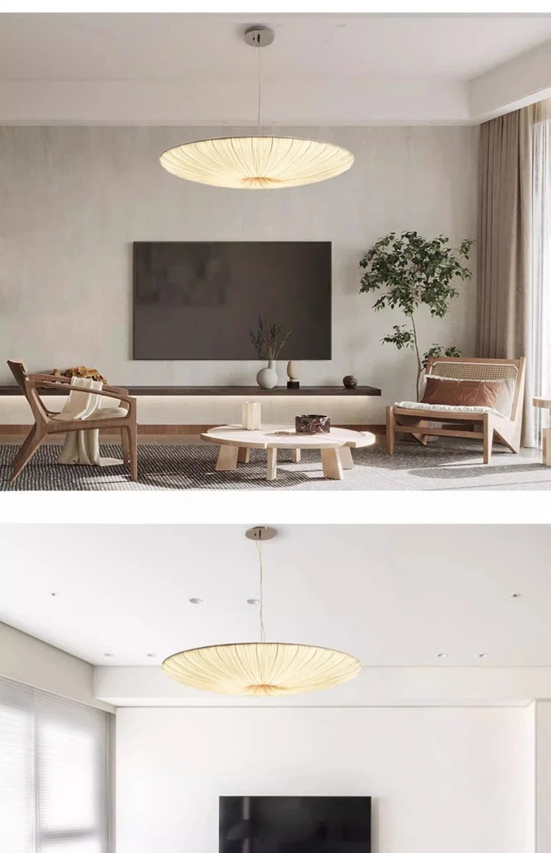 Wabi-Sabi Luxe Stoffen LED Plafondlamp – Minimalistische Rond Vliegende Schotel Hanglamp - hanglampen - zijaanzicht