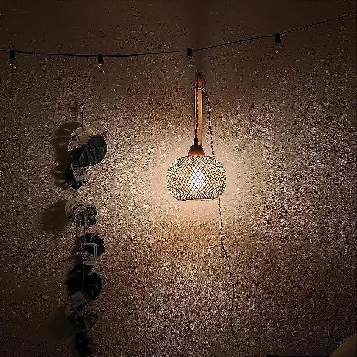 NaturLume Bamboe Wandlantaarn – Handgeweven Rotan Wandlamp met E27 Fitting - wandlamp - verlicht