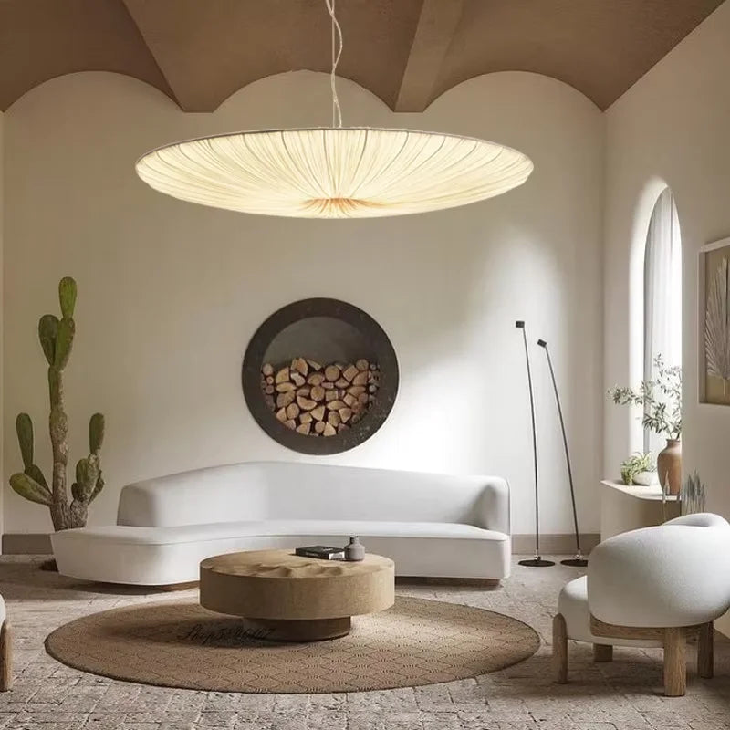 Wabi-Sabi Luxe Stoffen LED Plafondlamp – Minimalistische Rond Vliegende Schotel Hanglamp - hanglampen - detail