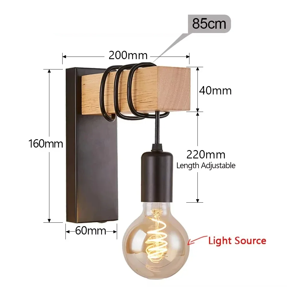 RetroLume – Vintage Wandlamp van Hout & IJzer met LED E27 | Industrieel & Loft Design - wandlamp - detail