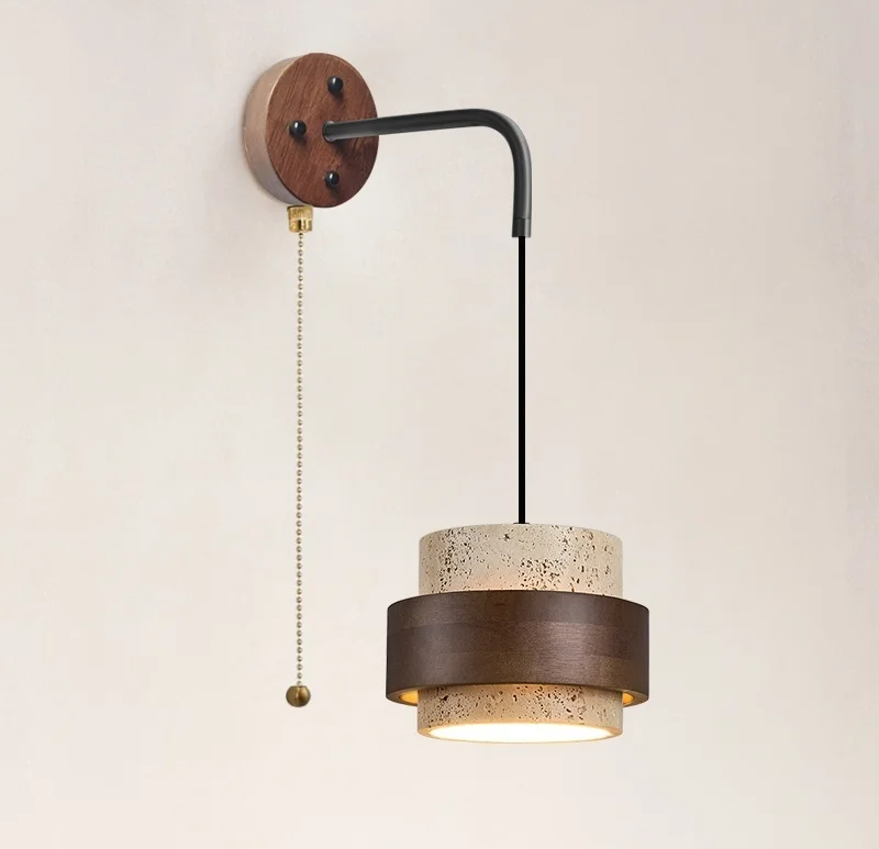LumiTravert Wall Lamp – LED Natural Stone & Wood Design with Pull Switch
